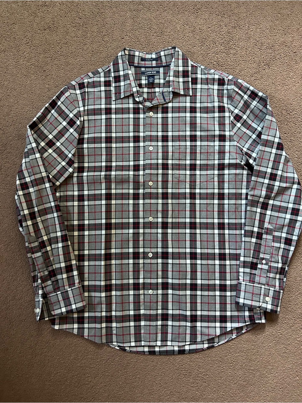 Men’s Lands End Sz L Long Sleeve Button Front Shirt Gray,Black,Red,White Plaid